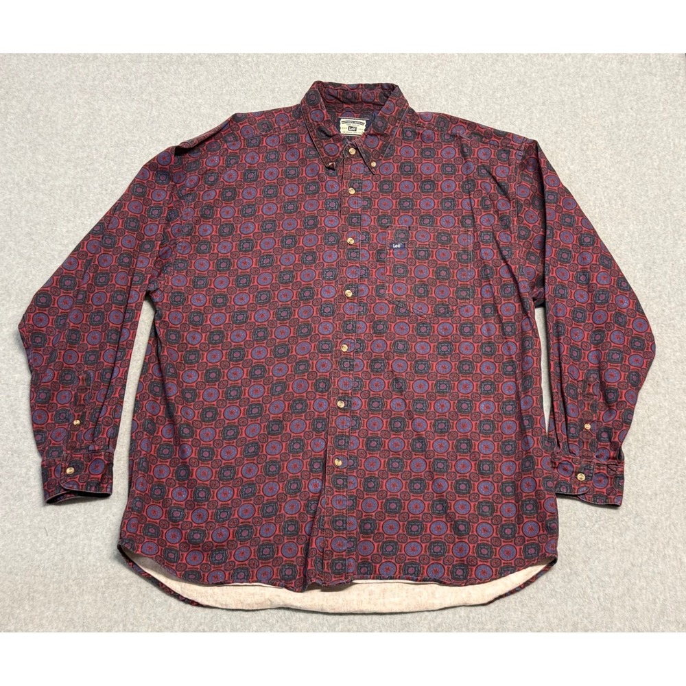 Vintage Lee Button Up Shirt Mens‎ L Red Blue Geometric Print 90s Cotton Casual